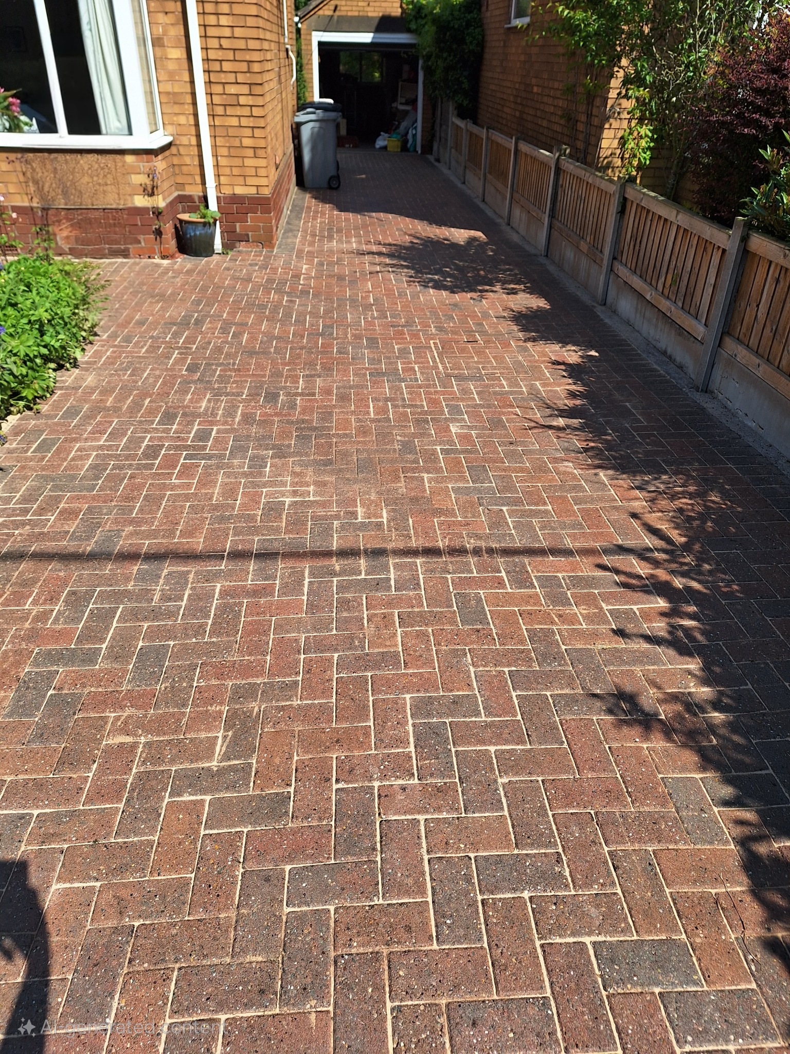 The same block-paved driveway after cleaning, showing red and brown paving with clear joints.