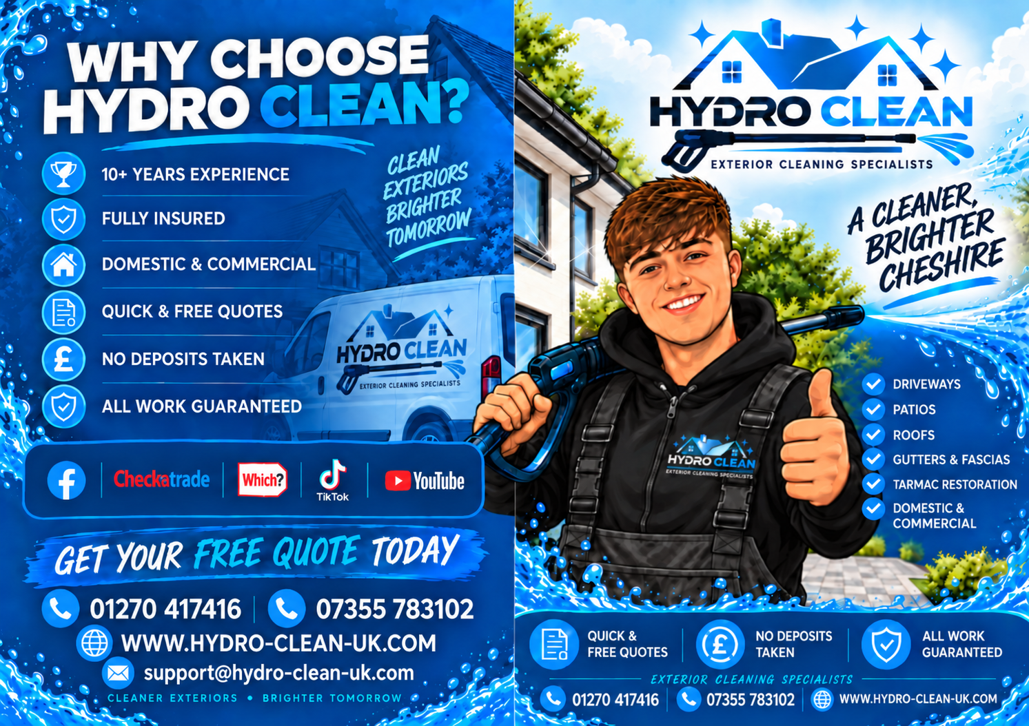Approved Hydro Clean artwork featuring the smiling owner in Hydro Clean workwear holding a pressure washer.
